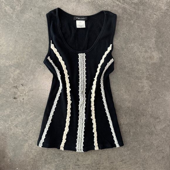 Vintage Y2K Ribbed Coquette Lace Black White Tank Top Made in USA Women's Small - Picture 1 of 5